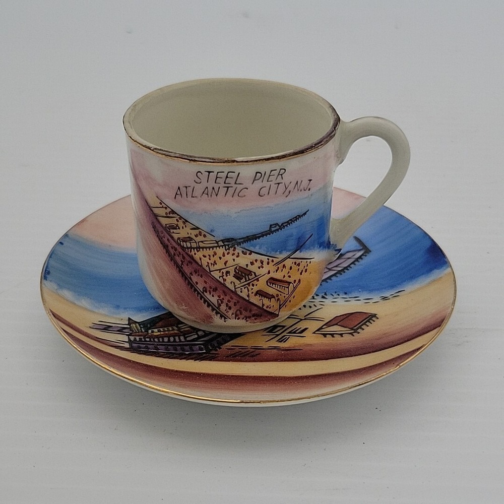 Vintage Atlantic City Steel Pier Souvenir Cup & Saucer Set Japan Stoneware